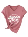 Women's Casual V-Neck Short Sleeve T-Shirt with Aloha y'all Floral Palm Print Knot - Rose Gold (White Font)
