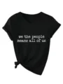 Maglietta nera con scollo a V e maniche corte con stampa di slogan e nodo laterale da donna - Nero (Stampa Bianca)