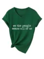 Maglietta casual da donna verde scuro con scollo a V e maniche corte con stampa di lettere. - Verde Vintage (Stampa Bianca)