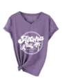 Women's purple V-neck short sleeve t-shirt with aloha y'all graphic knot hem casual top - Purple