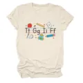 Casual women's beige short sleeve t-shirt featuring cute alphabet and school supplies print. - S / Tops / Sand
