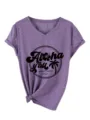 Women's V-Neck Short Sleeve T-Shirt Casual Aloha Print Tee Summer Purple Casual Top - Purple (Black Font)