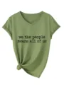 Donna collo V maniche corte t-shirt stampa lettere top casual verde moda estate chic - Verde Oliva (Stampa Nera)