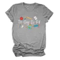 Women's gray short sleeve t-shirt featuring alphabet school theme print casual top - S / Tops / Dark Gray