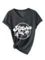 Detail view of the casual dark grey V-neck t-shirt featuring Aloha y'all tropical graphic. - Dark Heather Gray (White Font)