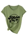 Women Aloha Y'all Tropical V-Neck T-Shirt Casual Short Sleeve Knotted Tee Detail View - Olive Green (Black Font)