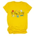Close-up of yellow women short sleeve t-shirt with alphabet and school stationery print design - S / Tops / Yellow