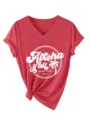 Women's red V-neck short sleeve t-shirt with tropical aloha y'all graphic and tie hem. - Red (White Font)