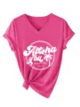 Women's pink V-neck short sleeve t-shirt featuring Aloha y'all tropical hibiscus print. - Rose Red