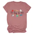 Detail view of the teacher themed alphabet print on a casual pink women short-shirt. - S / Tops / Rose Gold (Black Text)