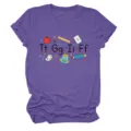 Purple women's casual short sleeve t-shirt with cute school alphabet and stationery print. - S / Tops / Purple (Black Text)