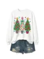 Damen Weihnachtnbaum Grafik weißer Langarm Rundhalsausschnitt Pullover mit Jeansshorts - S / Oberteile / Weiß