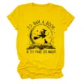 Yellow women short sleeve graphic t-shirt featuring witch and book print for daily use. - S / Tops / Yellow (Black Text)