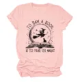 Pink casual short sleeve t-shirt with funny book witch graphic print for women daily wear - S / Tops / Pink (Black Text)