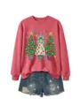 Detailansicht des rosa Damen Sweatshirts mit Weihnachtsmauer Motiv und Jeansshorts. - S / Oberteile / Rot