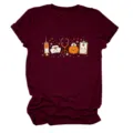 Detail of cute medical cartoon print women casual crew neck short sleeve burgundy t-shirt - S / Tops / Burgundy