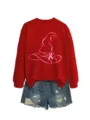 Felpa girocollo rossa a maniche lunga con stampa cappello da strega rosa e pantaloncini di jeans - Taglia S / Top / Rosso