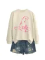 Felpa beige da donna a manica lunga con stampa cappello da strega rosa e pantaloncini. - Taglia S / Top / Colore sabbia