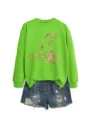 Felpa a maniche lunghe verde neon con grafica cappello da strega fiocco rosa, top casual. - Taglia S / Top / Verde fluorescente