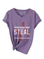 Μωβ γυναικείο casual t-shirt με V λαιμόκοψη και κοντό μανίκι baseball graphic top - S / Tops / Μωβ