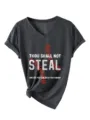 Γυναικείο σκούρο γκρι T-shirt με V λαιμόκοψη και τύπωμα μπέιζμπολ για casual στυλ. - S / Κορυφή (3812) / Μαυρόγκρι Μελανζέ