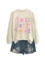 Women's casual long sleeve crewneck sweatshirt with radiology graphic and matching denim shorts. - S / Tops / Sand