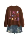 Women casual brown long sleeve sweatshirt with radiology print matching denim shorts outfit autumn. - S / Tops / Coffee