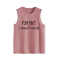 Detalle en primer plano del divertido texto impreso en la camiseta sin mangas casual rosa. - S / Tops / Rosa oro