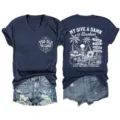 Maglietta casual da donna blu navy con scollo a V e stampa grafica estiva alla moda. - Taglia S / Top / verde retrò