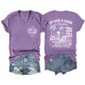 Maglietta donna scollo V manica corta estate vintage grafica stampa top casual. - Taglia S / Top / Viola
