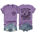 Maglietta da donna casual con scollo a V e maniche corte con stampa grafica estiva. - Taglia S / Top / Viola