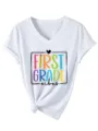 Premier Niveau Vibes Col V T-Shirt Femme Casual Enseignante Retour à l'École Haut - S / Hauts / Blanc