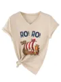 Casual γυναικείο μπεζ T-shirt με V-neck, κοντό μανίκι, κόμπο και σχέδιο βίκινγκ. - S / Tops / Χρώμα της Άμμου