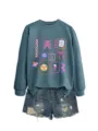 Women radiology x ray graphic sweatshirt and denim shorts casual set autumn long sleeve top - S / Tops / Blue
