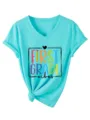 T-shirt turquoise à col V et manches courtes avec nœud et impression First Grade. - S / Hauts / Bleu Eau Profonde