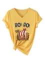 Kitrino gynaikio T-shirt me V-laimoko, konta manikia, vikingiko ploio kai RO RO print. - S / Tops / Κίτρινο