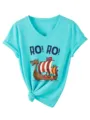 Γυναικείο τυρκουάζ t-shirt V λαιμόκοψη κοντομάνικο με γραφικό πλοίο Βίκινγκ και κόμπο. - S / Tops / Βαθύ Μπλε του Νερού