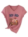 Women Casual V-Neck Short Sleeve T-Shirt with Viking Ship Graphic and Knot Hem Pink - Rose Gold