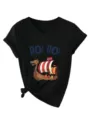 Women's Black V-Neck Short Sleeve T-Shirt with Viking Ship Graphic and Side Knot Tee - Black