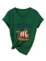 Green V-neck short sleeve t-shirt with Viking ship graphic and knotted hem casual top - Vintage Green