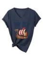 Women V-Neck Short Sleeve T-Shirt Viking Ship Graphic Casual Summer Top Navy Blue Tees - Navy Blue