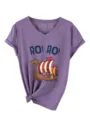 Women's purple V-neck short sleeve tee featuring a Viking ship graphic and a stylish knot hem. - Purple