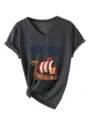 Casual women's V-neck short sleeve t-shirt featuring a vintage Viking ship graphic print. - Black Heather Grey