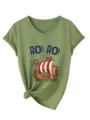 Detailed view of the women's military green V-neck t-shirt featuring a viking ship print. - Olive Green