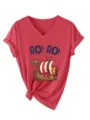 Red V-neck short sleeve women T-shirt with knotted hem and Viking ship graphic print casual top. - Red