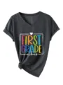 T-shirt femme décontracté col V manches courtes first grade vibes haut mode été - S / Hauts / Gris Chiné Noir