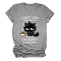 Close-up detail of grey short sleeve tee featuring a grumpy cat graphic and funny text. - S / Tops / Dark Grey (White Text)