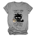 Casual grey graphic t-shirt for women featuring a funny grumpy cat and coffee print design. - S / Tops / Dark Grey (Black Text)