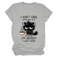 Close-up of the cute grumpy cat graphic and funny text detail on this casual grey t-shirt. - S / Tops / Light Grey (Black Text)