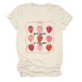 Casual beige women's short sleeve t-shirt with cute strawberry print and letter design. - S / Tops / Sand